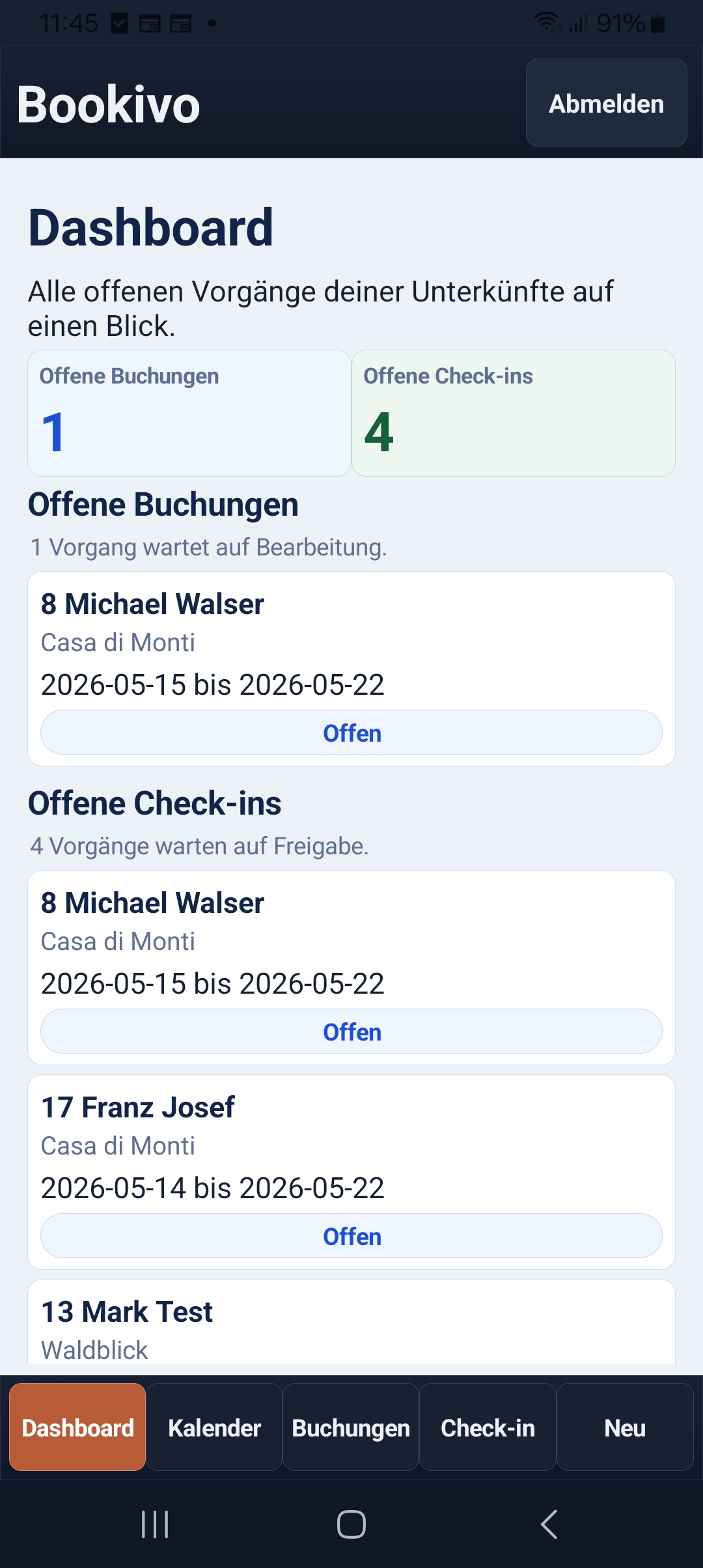 Echter Screenshot der Gastgeber-App mit Dashboard und offenen Check-ins